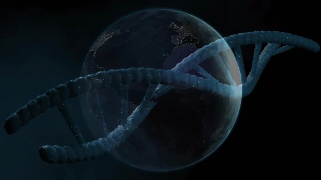 Glowing blue DNA helix sliding from right wrapping around Earth rotating showing genetic connection - Powered by Adobe
