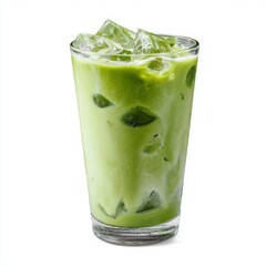 A refreshing glass of iced matcha tea, perfect for a hot day. The vibrant green drink is filled with ice cubes and has a creamy texture