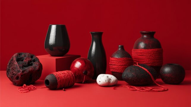 Red pottery lifestyle product photography advertising concept artistic stylish modern composition arrangement background design inspiration cultural traditional handmade