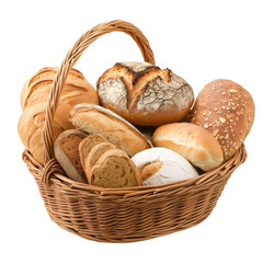 Variety of fresh breads in a woven basket isolated on transparent background