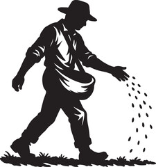 Fototapeta premium Silhouette of a farmer sowing seeds in a field agriculture farming