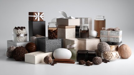 Assorted packaging lifestyle product photography advertising concept stylish modern composition arrangement background design inspiration branding cosmetic storage minimal