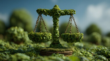 Symbolic Scales of Justice Sculpted from Green Leaves and Natural Vines Standing in Lush Garden