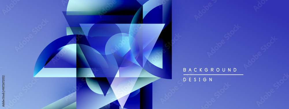 Poster abstract blue shapes overlap, creating dynamic visual effect. gradient shades enhance depth, modern 