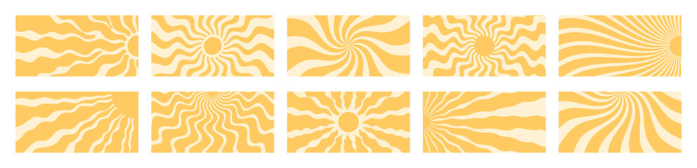 Obraz premium Groovy retro sun burst with yellow wave style forms the main abstract pattern set. Y2k sunshine pattern background and bold ray set in horizontal graphic layout for modern wallpaper or creative