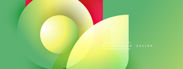 Abstract shapes overlap, creating vibrant green, yellow, red gradients. Modern design elements suggest fluidity, energy, visual appeal.