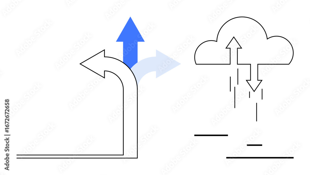 Poster leftward and upward arrows suggest decision-making and growth. a cloud with arrows symbolizes data e