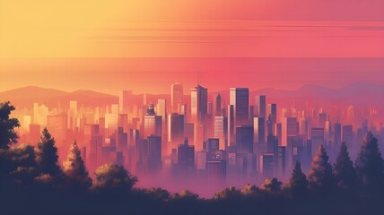 Fototapeta premium city skyline at sunset,Cinematic sunset cityscape with glowing gradient sky, mountain silhouettes, modern skyline, soft haze, and dramatic atmospheric depth in ultra-high-resolution 8K.
