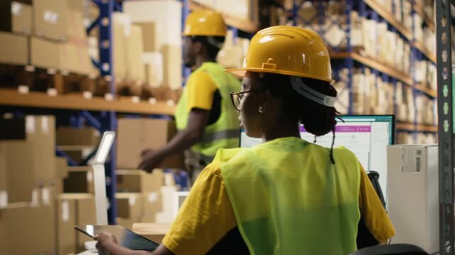 African american female working in logistics hub with tracking info on pc, updating the delivery route and other shipment details in real time. Following parcel status for online orders. Camera B.