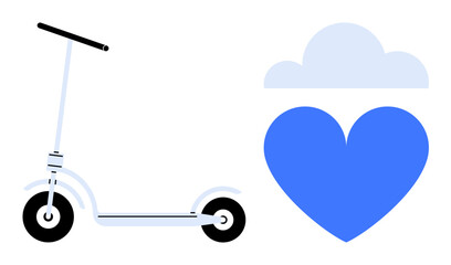 White electric scooter and blue heart with cloud icon symbolizing sustainable transportation, clean energy, and love for the environment. Ideal for mobility, eco-awareness, health, lifestyle, urban