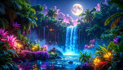 Obraz premium Tropical waterfall cascading under moonlight surrounded by lush vegetation in a vibrant jungle