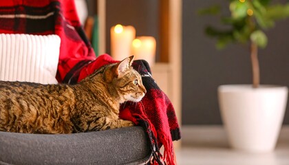 Cozy Cat Relaxing on a Chair with a Plaid Blanket and Candles.