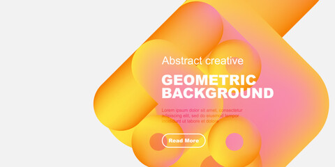 Abstract geometric background features vibrant orange hues, flowing shapes, text sample, button. Modern design elements present.