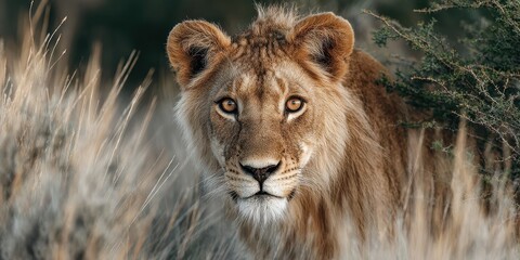 Fototapeta premium Majestic young lion observing its surroundings in the savanna during golden hour in Africa