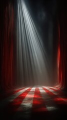 Shadowy stage with red curtains and spotlight creates mysterious atmosphere in a dimly lit theater setting
