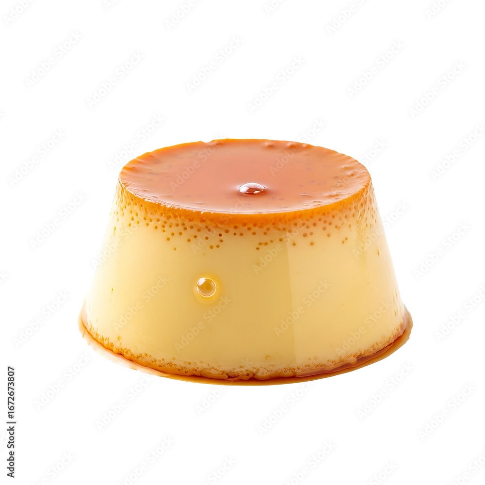 Poster caramel flan sits on a surface with smooth texture and glazed topping. - high quality caramel flan s
