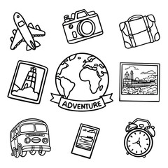 Travel icon set - hand drawn. Black with white outline drawing for travel tourism