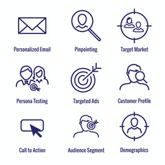 Icon Set for Marketing Strategy - SEO, mobile optimization, brainstorming, social media, data analytics, etc