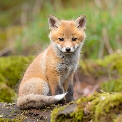 A captivating close-up of a small red fox kit, nestled amidst lush green moss, with soft, warm hues and a direct gaze.