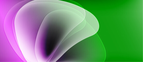 Abstract swirls, purple hues blend into vibrant green. Soft gradients create flowing, dynamic composition. Minimalist design.