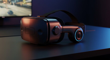 A Sleek, Modern Virtual Reality Headset Resting on a Dark Desk, with a Soft Ambient Glow and a Blurry Gaming Monitor in the Background