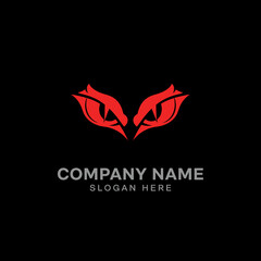 Red stylized eyes with pointed shapes, possibly representing a predator or animal, set against a dark background, with placeholder company name and slogan text.