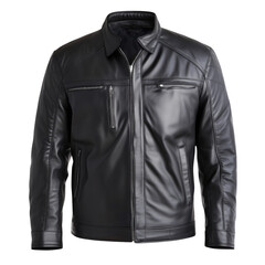 Black leather men's jacket with front zipper and pockets isolated on transparent background