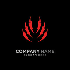 A striking, stylized red claw logo design against a black background, with text below.