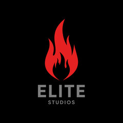 A stylized red flame logo above the text 