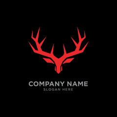 A stylized red deer head logo design with sharp lines against a black background.