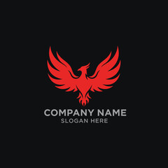 Red phoenix logo design, company branding, dark background.