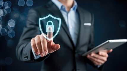 Elegant business professional ensures cybersecurity with modern technology and data protection on tablet device