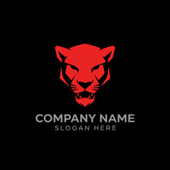 A fierce red panther head logo with sharp teeth and intense eyes, set against a stark black background, suitable for a powerful brand identity.