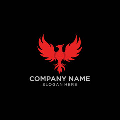 Naklejka premium A vibrant red phoenix with outstretched wings, symbolizing rebirth and power, set against a stark black background with placeholder text for a company name and slogan.