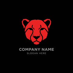 A minimalist red cheetah head logo design against a stark black background, featuring geometric lines and placeholder company text.