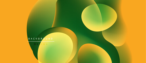 Abstract fluid shapes blend, creating vibrant orange, green gradients. Modern design evokes energy, movement, depth. Smooth transitions define composition.