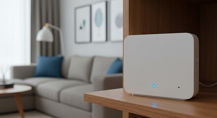 A white, minimalist-designed Wi-Fi router sits on a wooden shelf in a modern living room. A soft blue status light pulses slowly. 