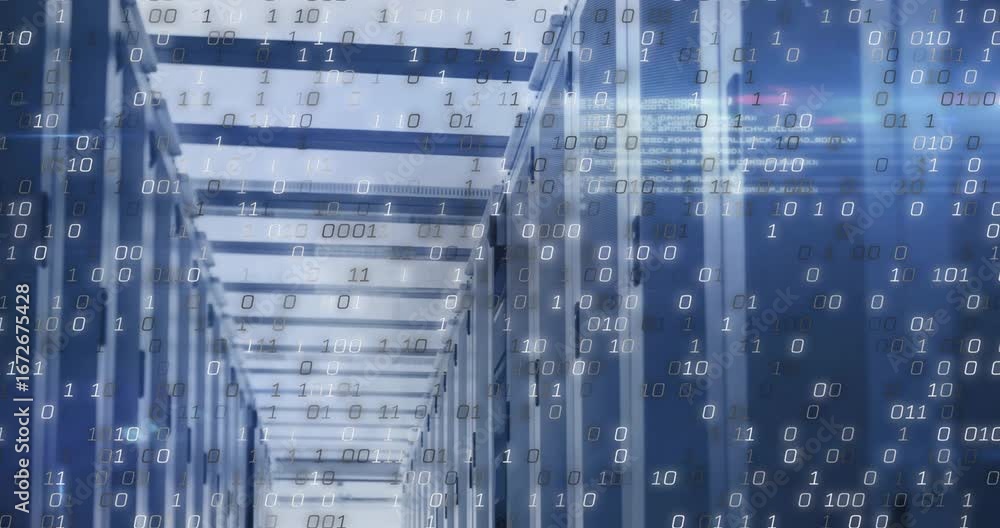 Aufkleber on camera holding steady floating binary digits filling server rack corridor visualizing data flow