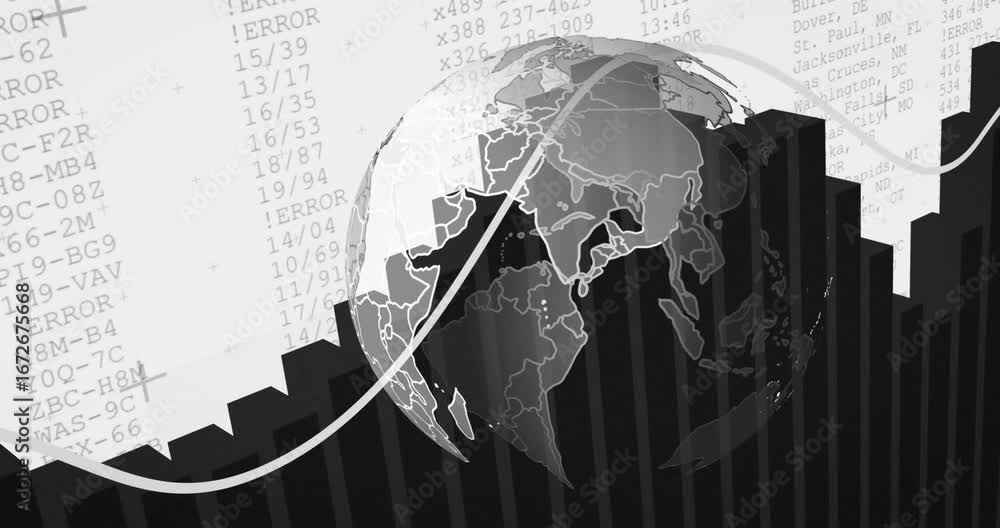 Poster black bars rising from bottom arrow sweeping over tops as globe rotating with scrolling error codes