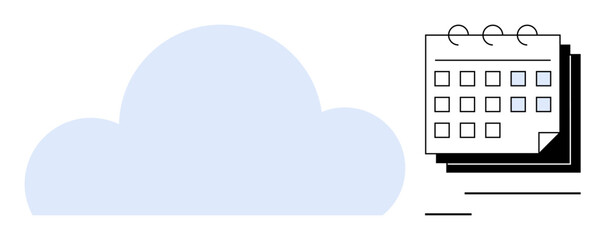Light blue cloud and calendar stack representing cloud storage and scheduling. Ideal for digital planning, cloud computing, time management, organization, technology, productivity, simple flat