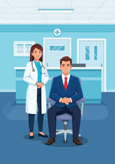 Doctor and businessman in hospital office consultation professional teamwork concept vector illustration