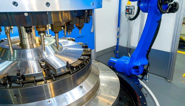 A close-up view of a high-precision automated manufacturing machine with a rotating component and a robotic arm.