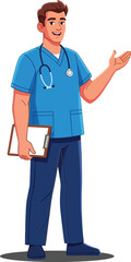 Male nurse wearing scrubs and stethoscope holding clipboard explaining healthcare procedure vector illustration