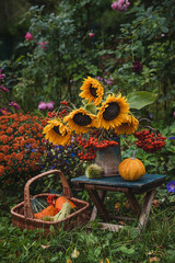Autumn still life with flowers and pumpkins in the garden.