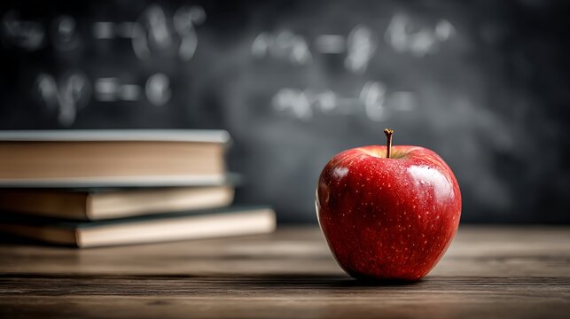 A single, shiny red apple rests on a stack of books on a wooden teacher's desk. In the background, a blackboard with simple chalk-written math formulas.