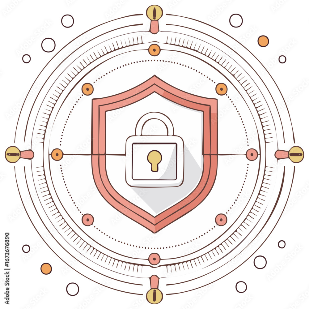 Aufkleber cybersecurity concept with a protection shield and padlock on an abstract circular dial