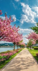 Pink blossom trees line riverside path, sunny spring day.  Tourism brochure use