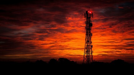 Naklejka premium The silhouette of a cell phone tower stands against a dramatic sunset sky. The red warning light at the top of the tower is on.