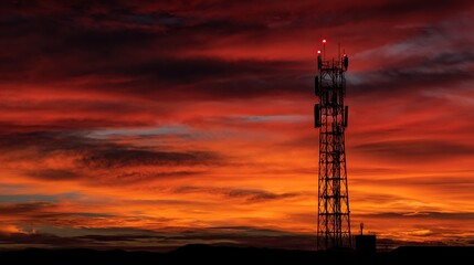 The silhouette of a cell phone tower stands against a dramatic sunset sky. The red warning light at the top of the tower is on.