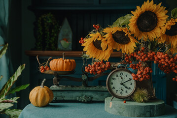Autumn Thanksgiving decor with old scales at home